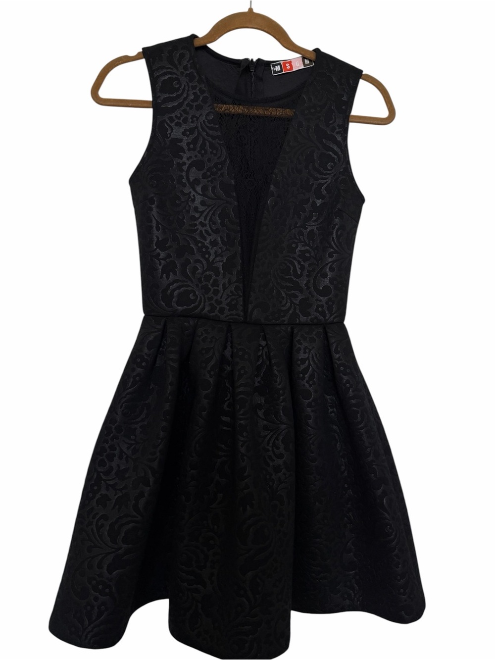 MSGM Black Damask Brocade Lace Inset Fit and Flare Dress Size 2